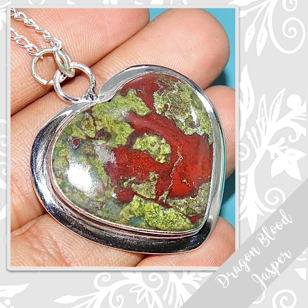 Dragon Blood Jasper Silver Artisan Heart Necklace, 18” (Olive Green, Maroon Red)